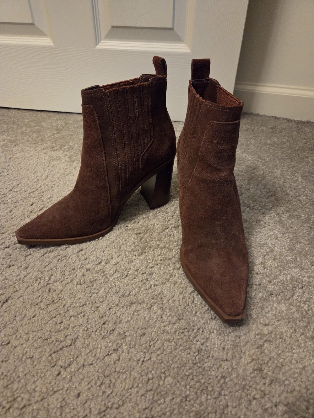 Vince Camuto Suede Pointed Toe Ankle Booties in Brown
